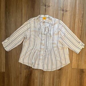 White/ Black Stripe Ruby Road Linen ¾ Sleeve Shirt